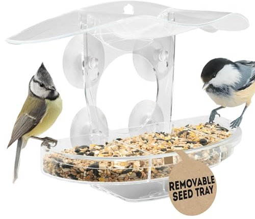 Coselena Window Bird Feeder – Clear Acrylic Bird Feeders with 3-Compartment Removable Tray & 4 Strong Suction Cups for Bird Watching, Garden Decor & Gardening Gifts