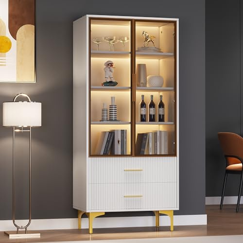 Oxtao Vitrine Weiß Sideboard Standschrank mit LED-Beleuchtung,Vitrinenschrank mit Glasstür & 2 Stauraum Schubladen,Glasvitrine Schrank für Wohnzimmer Schlafzimmer (Weiß, 70x35x150CM)