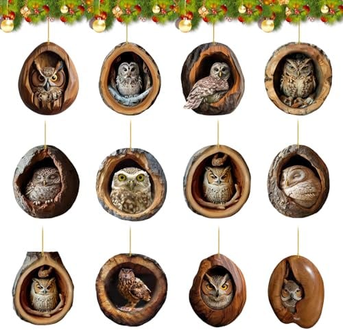 12 Stück Eulen Weihnachtsbaumschmuck, Acryl 2D Anhänger Tier Baumschmuck, Weihnachten Acryl Tier deko, für Wänden, Fenstern Oder Schlüsselanhängern Aufgehängt Werden, Weihnachtsdeko Baumschmuck
