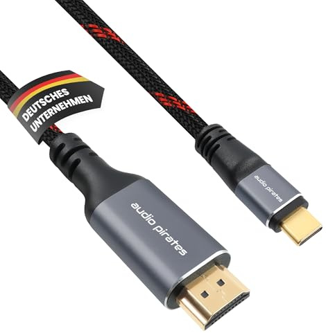 audio pirates USB-C auf HDMI Kabel, 4K/60HZ, 2.0B, OD: 5,00mm, 3-fach geschirmt, Nylon-Ummantelung, 24k vergoldete Stecker, HDMI Zertifikat, Metall-Gehäuse, Klettband (1er Pack, 1 Meter, Rot)