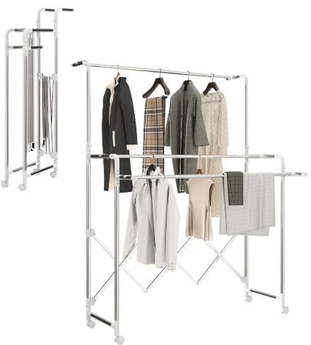 HOMCOM Séchoir à Linge Pliable 104-150 x 103 x 145-197 cm Argent | Étendoir Linge Intérieur, Tancarville, 3 Barres Réglables, 4 Roulettes, Acier Inoxydable