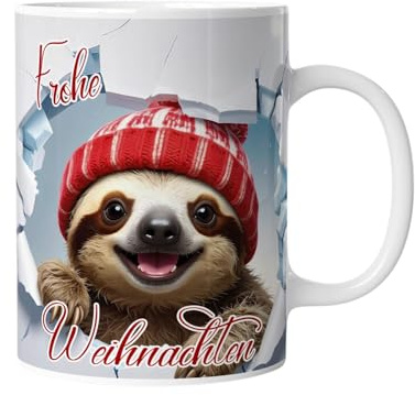 Tasse Frohe Weihnachten | Faultier | Personalisiert mit Namen – lustige Tiere, Geschenkidee für Männer, Frauen, Kinder, Mädchen, Jungen, 3D Illusion Wintermotiv Schnee Cartoon