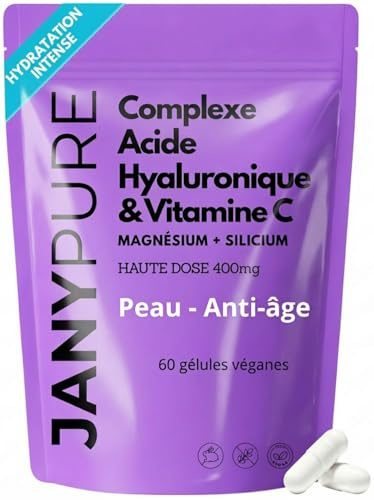 Acide Hyaluronique Pur 400mg + Vitamine C 200mg | Complexe Anti-Âge & Anti-Rides | Hydratation Intense Peau, Éclat du Teint & Articulations | Magnésium & Silicium | 60 Gélules Véganes | Cure 1 Mois
