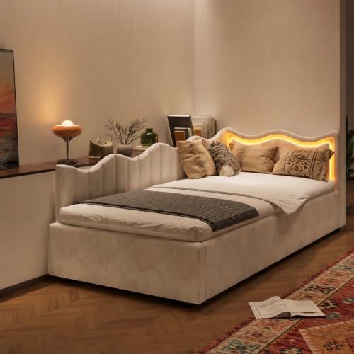 BAJKNIU Polsterbett Schlafsofa 90x200 cm mit Hydraulischer Stauraum, Jugendbett 90x200 mit LED-Beleuchtung, Kinderbett, Tagesbett, Samtstoff, Lattenrost, ohne Matratze, Beige