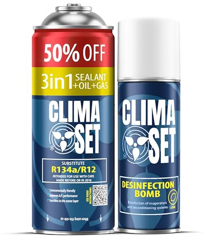 ClimaSet - 3-in-1 R134a Kältemittel, Öl, Dichtmittel XL & Klimaanlage Reiniger Auto - Klima Selbst Befüllen Set - Nachfüllset, Autoklima Nachfüllen - 235g