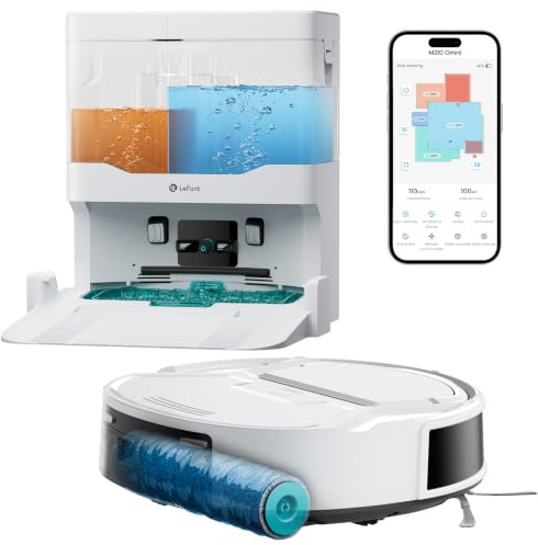Lefant M210 Omni Robot Aspirapolvere Lavapavimenti con Rullo 20.000Pa | Anti Groviglio, Aspirapolvere Robot Acqua Pulita, Contenitore 800ml, Ultra Sottile 85mm, Peli Animali，Bianco
