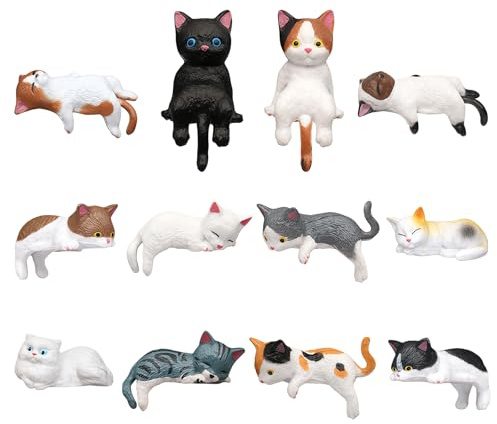 Tastetreasure 12 Pcs Mini Cat Figurines for Car Dashboard, Cute Sleeping Cat Desk Decorations, Tiny Resin Cat Figures for Computer Monitor, PC & Desktop Decor, Funny Cat Lover Gifts for Women Girls