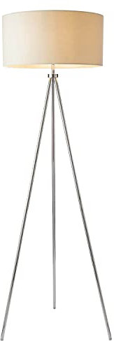 Quatro Modern Silver Chrome Tripod Standing Switched Floor Lamp with an Ivory Fabric Cylinder Light Shade