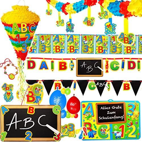 alles-meine.de GmbH 40 TLG. XL Set - Pinata + Girlanden/Wimpel + Luftballons + Streumotive + Dekoschild + Kette - Schule & Schulanfang - Kindergeburtstag - ABC + Zahlen - 6..