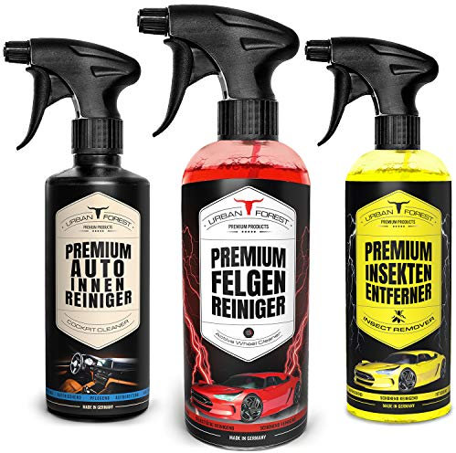 Juego de limpiador de coche de 500 ml + limpiador de llantas de 1000 ml + limpiador de insectos para coche para pintura y discos 500 ml | Fabricado en Alemania | Urban Forest