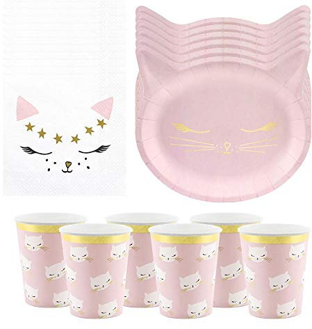 Lot de 6 assiettes, gobelets et serviettes de table Motif chat Rose
