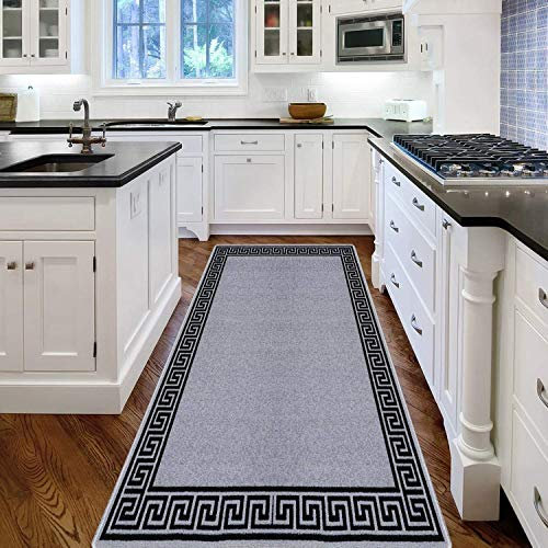 renoazul® Hallway Runner Kitchen Rug Non-Slip Washable Door Mat | 66 x 220 cm Anti Fatigue, Entrance Large Anti-Slip Floor Mat Stair Runner Rug Carpets - Greeky Rug - Grey & Black