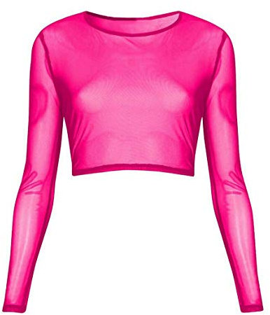 FAIRY TRENDZ LTD Womens Sheer Mesh Crop Top Ladies Long Sleeve Crew Neck Plain Stretch New UK 8-14 (Neon Pink UK 8-10)