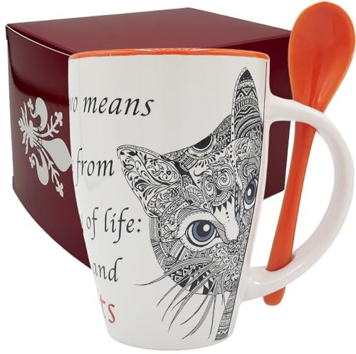 NAREG-Tazza colazione in Ceramica con Cucchiaio e Scatola Regalo Gatto, Tazza Gatto, Idea Regalo, Ideale per Colazione Thè Caffè, Adatta a Microonde e Lavastoviglie, regalo per amante dei Gatti