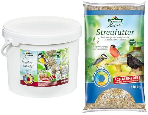 Dehner Natura Wildvogelfutter, Insekten-Knödel, ohne Netz, 100 Stück (10 kg) & Natura Wildvogelfutter, schalenfreies Streufutter, 10 kg