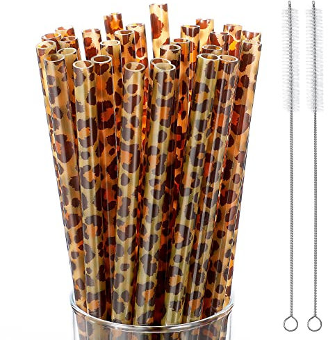 Leopard Straws Bulk Reusable Plastic Cheetah Animal Straws and Cleaning Brush for Women Tumblers Drinking Safari Wild Birthday Party Favors(Classic Style,52 Pieces)