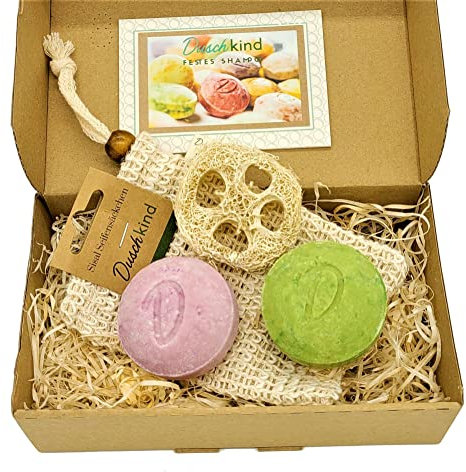 Duschkind Festes Shampoo 4in1–Set Lavendel-Rose & Lemongras–mit Klettenwurzelöl - Macadamianussöl–sulfatfrei, vegan, plastikfrei +Sisalsäckchen & Luffascheibe – handgemacht in Deutschland