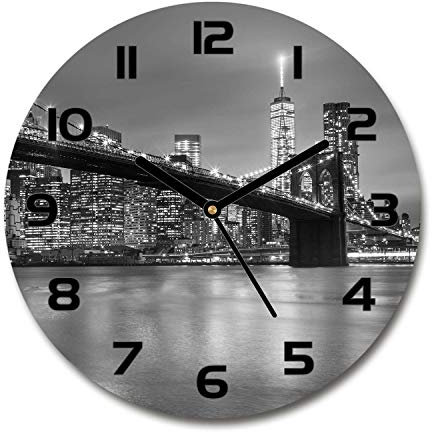 Tulup Glasuhr ⌀ 60cm - Schwarze Zeigern - Wanduhr Wandkunst Bild Gehärtetem Glas Uhr Echtglas Küche Wohnzimmer - New York bei Nacht