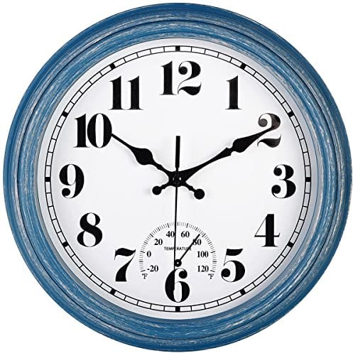 JENLYSTIME 30,5 cm Indoor/Outdoor Retro wasserdichte Wanduhr mit Thermometer Lautlos rund Quarz Batteriebetrieben, leicht zu lesen, dekorativ für Küche, Terrasse, Bad, Deck, Veranda, Pool (blau)