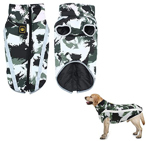 5XL Wasserdichter Hundemantel Warme Winter Jacken Hundesportweste Haustierkleidung mit Geschirr Loch Reflektierenden Streifen Mittel Großer Hund Winddichter Schneeanzug Hundekleidung Weiß Schwarz