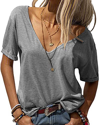 Tankaneo Damen Mode tief V-Ausschnitt Kurze Ärmel Tops Solide Lässig Lose Basic T Shirt Grau L