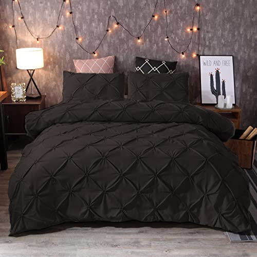 Nyescasa Bettwäsche 200x220 3 Teilig Pintuck Pinch Plissee Bettwäsche-Set Renforce Schwarz Wendebettwäsche Weiche Mikrofaser Bettbezug mit Reißverschluss und 2 Kissenbezug 80x80cm Doppelbett
