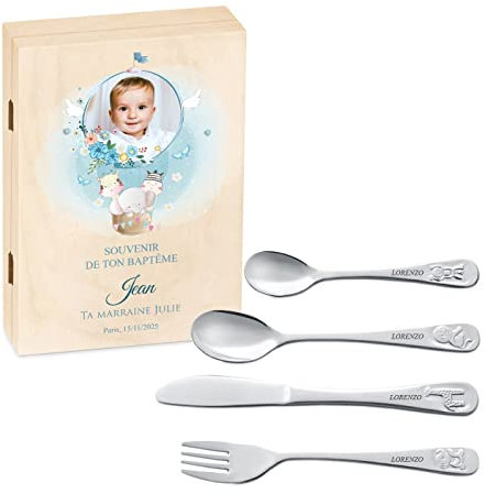 Maverton Set de couverts avec photo personnalisé pour garçon - Coutellerie dans coffret imprimé - Couvert enfant Thème Animal - Cadeau bapteme garcon - Cadeaux bébé - couvert bebe gravés - Photo 6