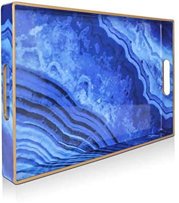 Gifturbo Blaues Marmor-Serviertablett, dekoratives Serviertablett mit Griffen, Couchtisch, Ottomane, rechteckiges Kunststofftablett mit Goldrand für Wohnzimmer, Badezimmer, 39,9 x 25,9 x 3,5 cm
