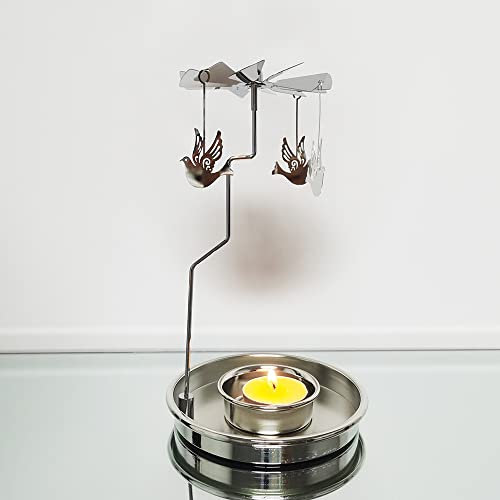 Kingnero Rotary Candle Holder with Tray Spinner Rotating Tea Light Candle Holder Glod Carousel Candle for Christmas Valentine's Day Party Decor and Gift (Round Silver & Pigeon)