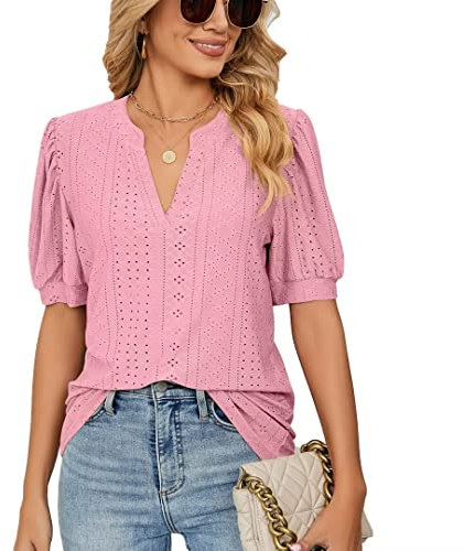 LIAOPUFUS Donna Estate Casual con Scollo a V Maniche Corte Disegno a Maglia a Tinta Unita T-Shirt con Maniche a Bolle(L,Rosa)