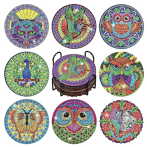 8 Stück Diamond Painting Untersetzer mit Halter, Diamond Painting Erwachsene, Wiederverwendbare DIY Vögel Tiere Tassenuntersetzer mit Diamanten und Montagewerkzeuge fur Tassen,Vasen, Kerzen Dekoratio
