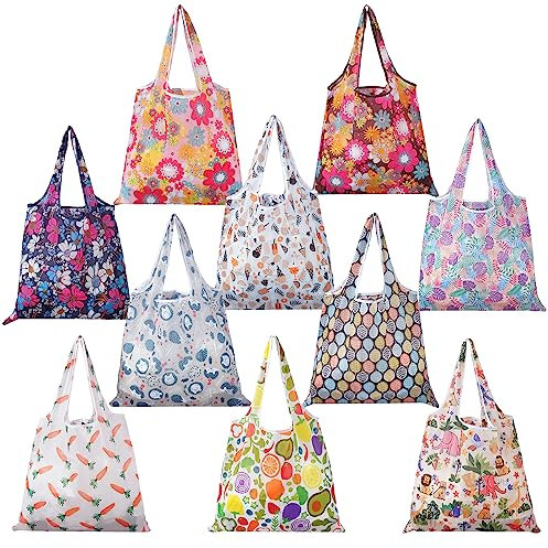 Hossejoy 10 Pack Large Reusable Grocery Bags with Handles, Waterproof Nylon Large Tote Bags, Foldable Lightweight Machine Washable Shopping Bags for Women Grocery Shopping Supplies Daily Storage