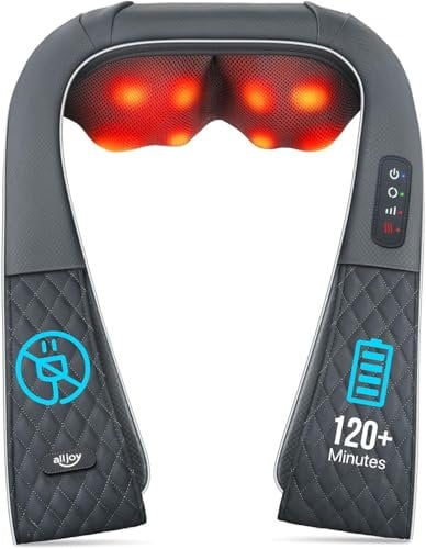 ALLJOY Massaggiatore Cervicale Senza Fili, Massaggiatore per Collo e Spalle con Riscaldamento, Massaggio Shiatsu Elettrico Schiena 3D Tre Velocità Regolabili, Regalo per Uomo Donna