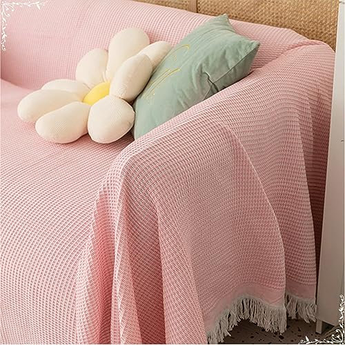 Sofa Bezug 90x210cm, Waffelmuster mit Quasten Couch Überzug 2 Sitzer Sofabezug Antirutsch Rosa Sofabezug für Wohnlandschaft