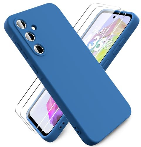 Ikziwreo Cover per Samsung Galaxy A35 5G + 2 Proteggi Schermo in Vetro Temperato,Custodia in Silicone Morbido TPU Liquido,Case Protettiva Gomma Antiurto - Blu