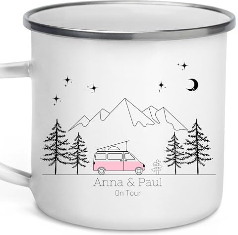 Little Mathilda Taza esmaltada para camping, taza de camping personalizada con nombre, taza de café, accesorios para caravana, caravana, vajilla, taza de acero inoxidable, taza de cocina de camping,
