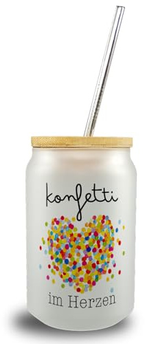 speecheese Trinkglas mit Bambusdeckel Herz Konfetti im Herzen Karneval | Party Geschenk mit Bambusdeckel Fasching Buntes Kostüm-Essential Für Fasnet