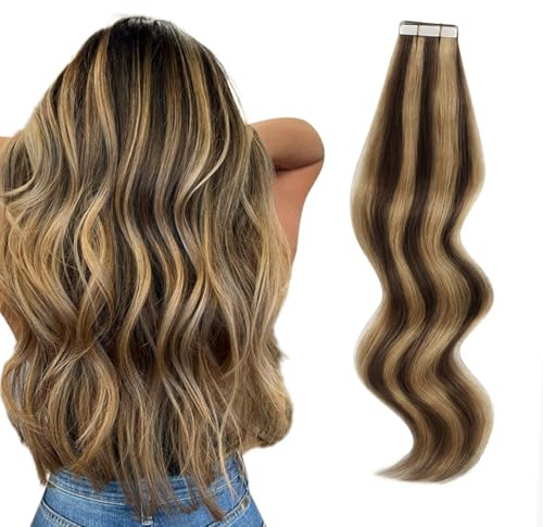 ABH AMAZINGBEAUTY HAIR 16 Inch Hair Extensions Real Human Hair Tape in Chocolate Brown Highlighted Caramel Blonde Tape Hair Extensions #P4-27 50g 20pcs