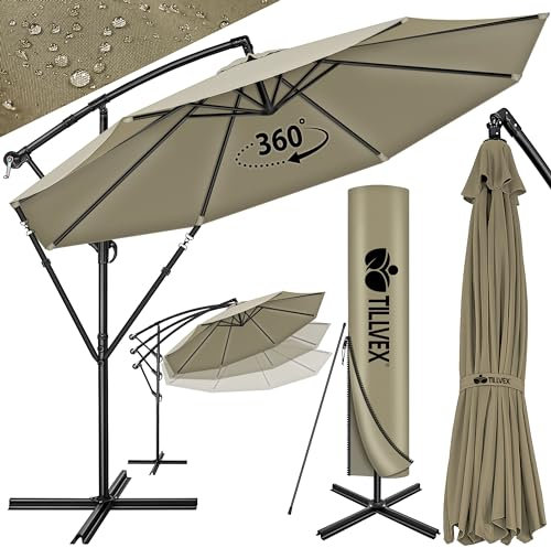 tillvex Ombrellone da Giardino 350 cm con copertura, frangivento e manovella | Ombrellone con asta per giardino, terrazza, balcone | in Alluminio con protezione UV - impermeabile | Ombrellone con base