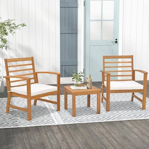 GOPLUS 3Pcs Salon de Jardin 2 Personnes en Bois d'Acacia, Table et 2 Chaises Jardin avec Coussins, Ensemble de Mobilier de Salon de Bistrot 2 Places, pour Patio, Balcon, Terrasse (Naturel-Horizontal)