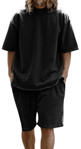 WAZHAKU Jogginganzüge Herren 2 Piece T-Shirt mit Short Sommer Trainingsanzug Set mit Taschen 2024 Casual T Shirts und Kurze Hose Männer Baggy Sport Leicht Atmungsaktiv Sommer Freizeitanzug