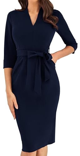 GRACE KARIN Women's 3/4 Sleeves Midi Bodycon Dress V Neck Fitted Dresses with Plus Size Options High Waist Elegant Cocktail Dress with Belt S Navy Blue Size 10
