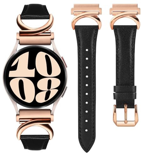 TOYOUTHS Leather Strap Compatible with Samsung Galaxy Watch 7/6/5/4/Active 2 40mm 44mm/Watch 6 Classic Band, Women 20mm Elegant Slim Dressy Leather Strap with C-Shape Metal Buckle, Black/Rose Gold