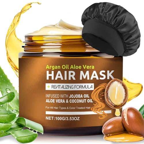 Feuchtigkeitsspendende Haarmaske+Seidenhaube Set,Arganöl Haarmaske,Haarpflege für Kaputtes Haar,für Geschädigtes Haar,Hair Mask,Repariert Schäden Glättet Spliss Verbessert Haarqualität