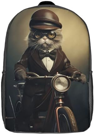 GQmoney Kinderrucksack, Schultasche mit lustiger Katze auf einem Fahrrad, große Kapazität, Studenten-Büchertasche, Rucksack für Jungen, Mädchen, Erwachsene, Teenager, 43,2 cm
