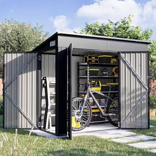 Aoxun 8' x 4' Garden Shed Metal Sheds and Outdoor Storage with Triple Lockable Door Metal Storage Cabinet with Slopping Roof for Tools Bike Storage for Garden, Patio, Courtyard