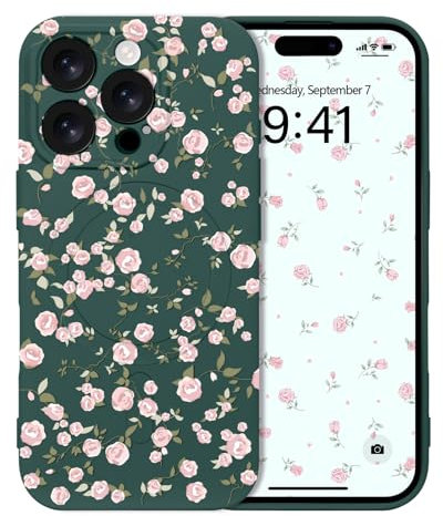 Micoden Magnetic Case for iPhone 16 Pro Max,Compatible with Magsafe,Cute Vintage Rose Flower Floral Aesthetic Silicone Cover,Slim Soft TPU Shockproof Protective Phone Case for Girls Women-Green