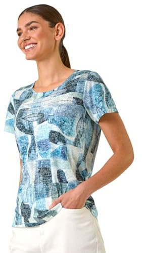 Roman Originals Contrast Print Stretch Top for Women UK - Ladies Everyday Holiday Spring Summer Round Neckline Comfy Soft Evening Vacation Work Party - Abstract Blue - Size 20