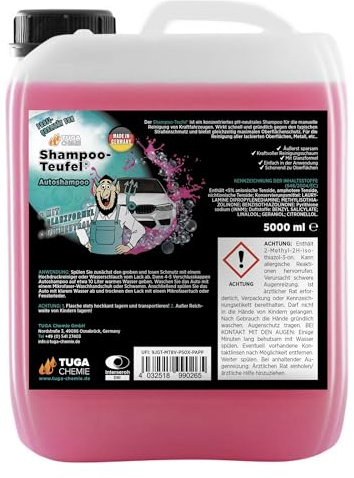 TUGA Chemie Shampoo-Teufel Autoshampoo Konzentrat Lackschonend 5L Kanister | Auto Shampoo für Glanz & Pflege, Für Handwäsche & Schaumlanze, Made in Germany
