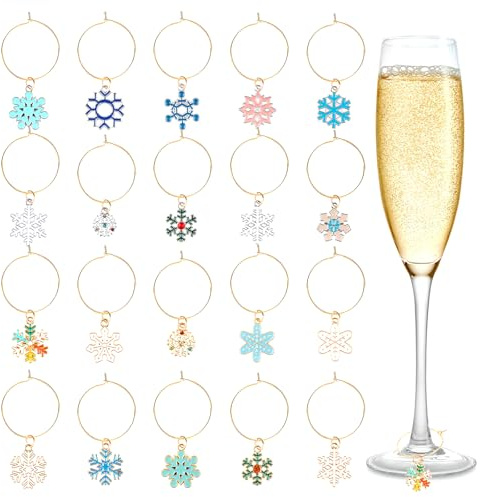 SRIZIAN 20PCS Christmas Wine Glass Charms,Christmas Snowflake Wine Glass Markers Wine Glass Identification Tags for Stem Glasses Party Decorations